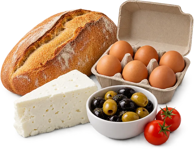 Ekmek, yumurta, peynir ve zeytin
